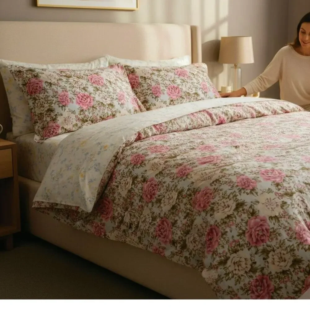 Cottagecore Cabbage Rose 100% Cotton King Duvet Cover & 2 Shams Pink, Olive
